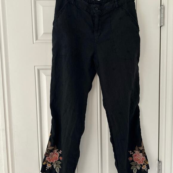 Johnny Was JW Los Angeles Linen Pants Embroidered Wide Leg Cropped Black Boho S - Picture 1 of 7